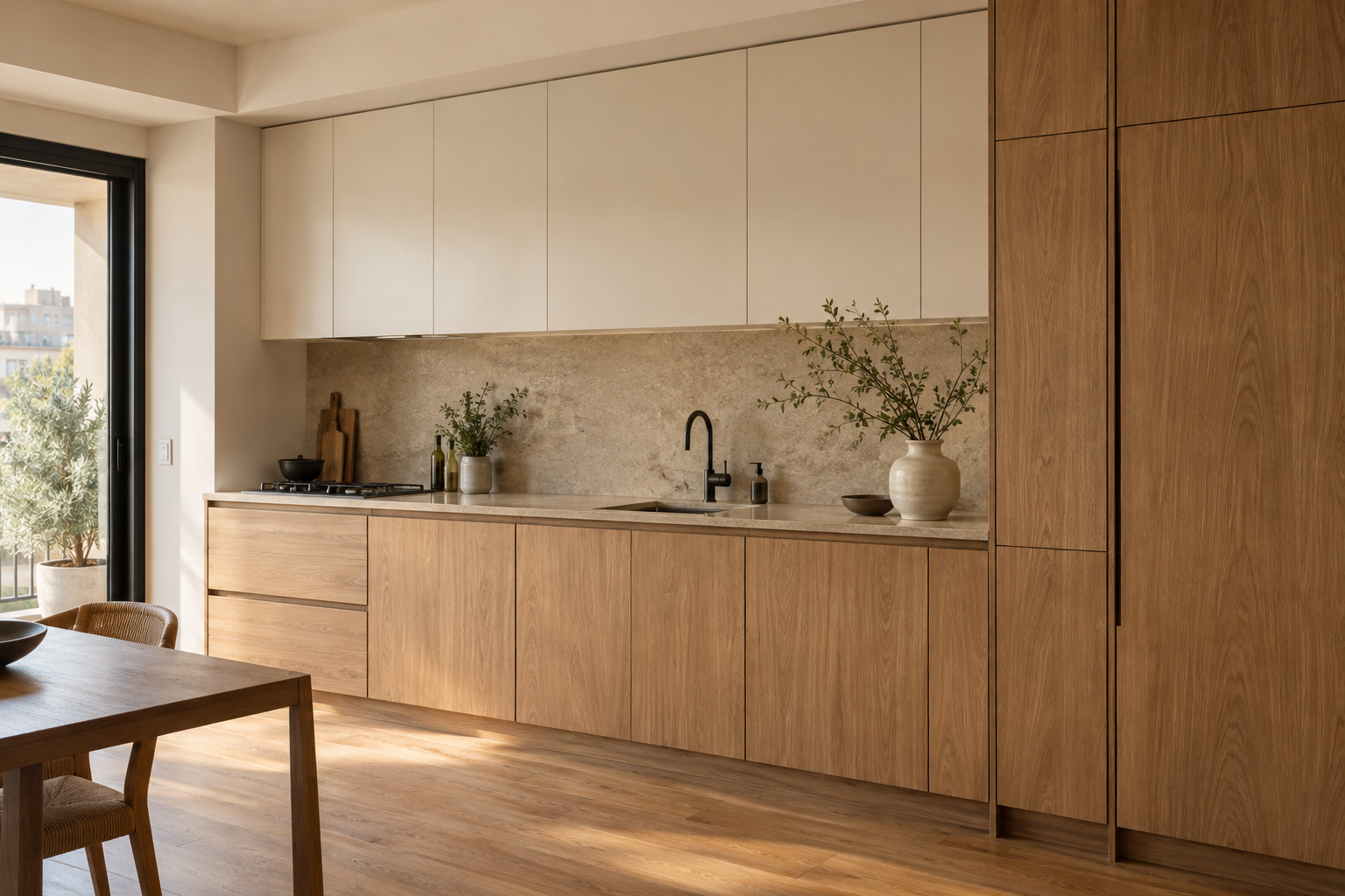 Referencia ilustrativa: cocina con muebles de madera, alacenas claras y espacio de guardado vertical.