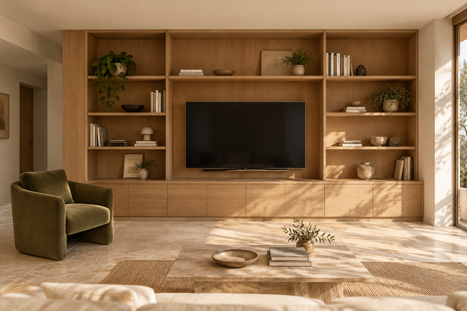 Referencia ilustrativa: biblioteca de madera con espacio para TV y guardado inferior en un living.